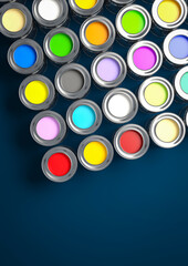many Tin cans with different color paint and copy space - wide banner background - 3d Illustration
