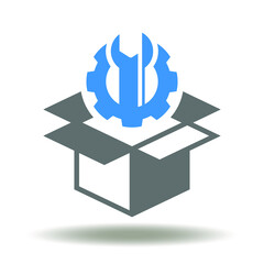 Cardboard package gear wrench icon vector. Project management innovative product repair logo. Customization, configuration symbol.