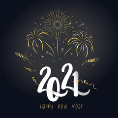 Happy hand drawn New Year design with fireworks, cocktails and decoration, golden colors, elegant and fun - great for invitations, banners, wallpapers