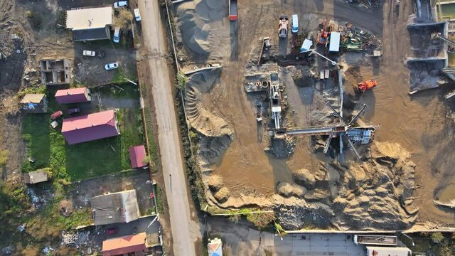 Aerial view of concrete batching plant industrial producing concrete for construction on the concrete factory