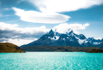lake and mountains Patagonia meadows in Chile
