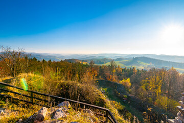 Ruin of castle Zubstejn standing on hill, Czech Republic. Castle built in 13 th century. Autumn day...