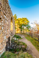Ruin of castle Zubstejn standing on hill, Czech Republic. Castle built in 13 th century. Autumn day...