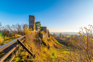 Ruin of castle Zubstejn standing on hill, Czech Republic. Castle built in 13 th century. Autumn day...