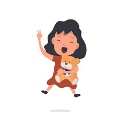 Happy girl holding a teddy bear. Child, brown toy bear. Isolated. Vector.