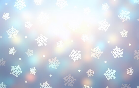 Holographic blue winter soft sparkling background decorated snowflakes. Holidays fantasy iridescent abstract graphic.