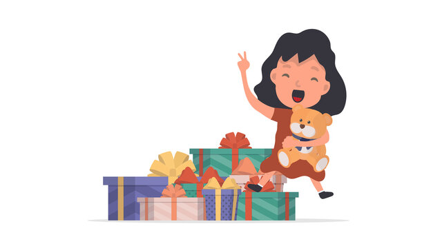 A happy girl with a teddy bear and lots of gifts. Happy child with gifts. Isolated. Vector.