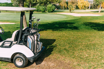 A golf bag in golf cart at autumn