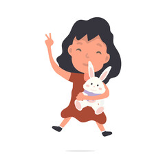 Happy girl with a white plush hare. Satisfied child with a soft toy. Isolated. Vector.