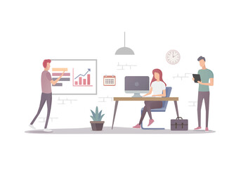 Office teamwork concept. Flat vector illustration. People work together. Isolated on white background.