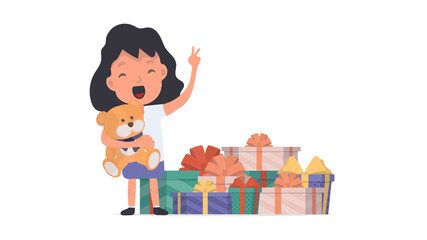 Obraz na płótnie Canvas A happy girl with a teddy bear and lots of gifts. Happy child with gifts. Isolated. Vector.