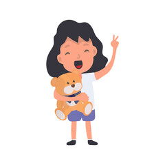 Happy girl holding a teddy bear. Child, brown toy bear. Isolated. Vector.