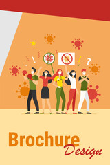 Crowd protesting against coronavirus. People wearing medical masks, holding placards with stop virus sign. Vector illustration for quarantine, society, health protection campaign concept
