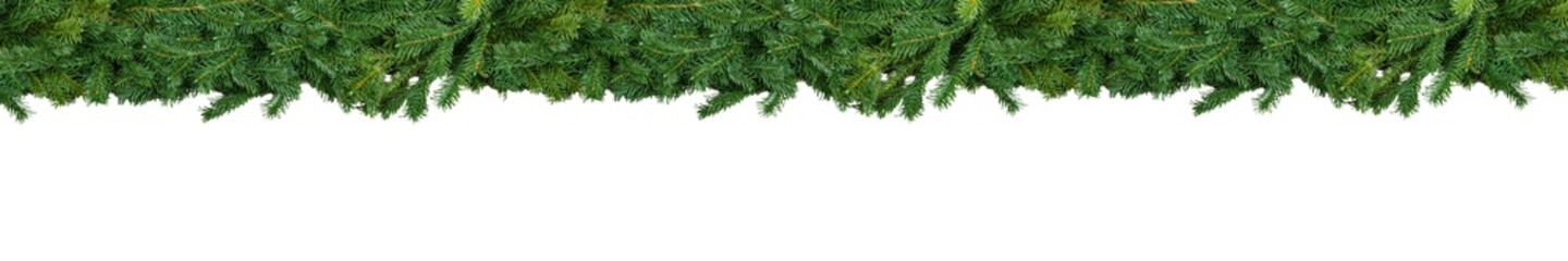 Natural undecorated wide garland banner for Christmas, New Year, winter. Extra wide border with fir tree branches isolated on white background.