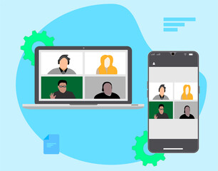 people connecting, learning or meeting online with teleconference, video conference remote working on the laptop computer, work from home and work from anywhere concept, flat vector illustration