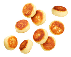 Set of cheese pancake are flying on a white, isolated.
