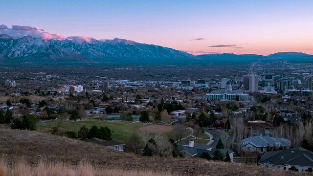 Salt Lake CIty, Utah sunset time lapse - zoom out wide angle