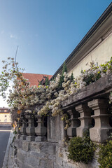 Alte bewachsene Sandsteinmauer säumt die Straße