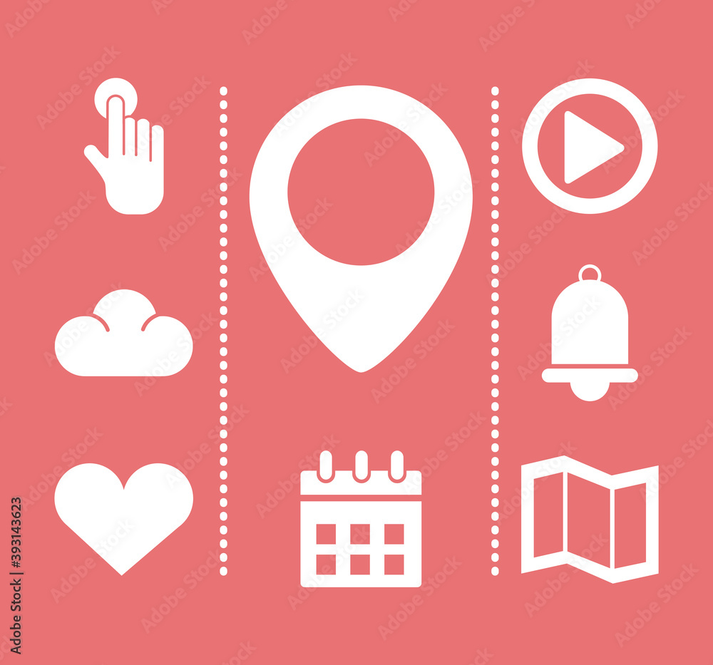 Poster pin location with bundle of interface set silhouette style icons