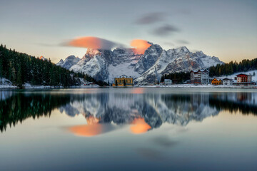Sunrise on Lake Misurina in the Dolomites, Italy	