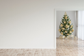 Empty room with a light wall and Christmas tree with gifts in the background. Front view. 3d render
