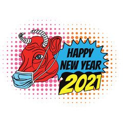 2021 happy new year in Chinese culture. Red bull wearing a surgical mask. - 393144057