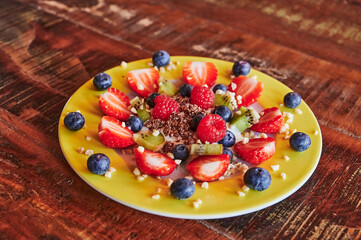 Various and colorful fruits as a healthy and vegan snack.