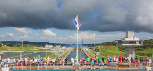 View from ship bow entering Gatun Lock in Panama Canal Atlantic side  