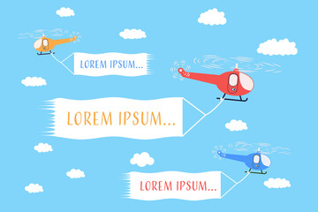Helicopters, colored, Flying in the sky. Banner with the text. Set. Flat style. Vector illustration.