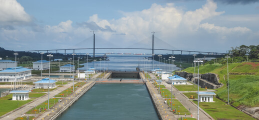 Gatun lock panama canal and bridge in background 