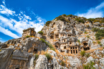 Rock-cut tombs in the ancient city of Myra, Turkey.