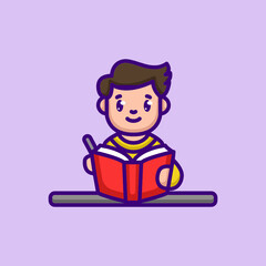 Cute boy studying and working at home