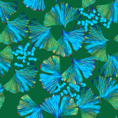 Ginkgo leaves with berries seamless pattern.