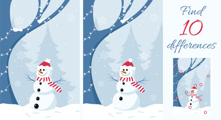 Find the differences. Educational game for children. Snowman in winter forest.