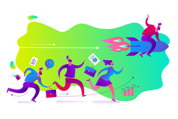 Business infographics with illustrations of business situations. A businessman runs forward to success, victory. Competition, competitive struggle. A man and a woman run, compete, reach the goal. The 
