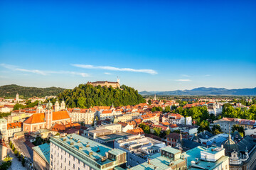 Ljubljana City Center Aerial View with Ljubljana Castle in the Background during a Sunny Day