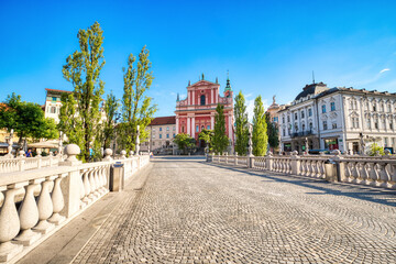 Ljubljana City Center during a Sunny Day overlooking the Triple Bridge and Beautiful Franciscan...