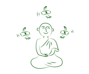 Buddhist monk and money. Sketch. Vector illustration.