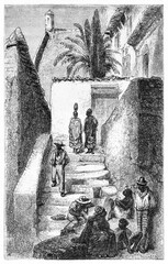 people on a white stone stair among houses in Salvador Bahia, Brazil. Ancient grey tone etching style art by Gauchard on Le Tour du Monde, Paris, 1861