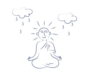 Buddhist monk meditates in the rain. Sketch. Vector illustration.