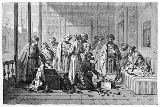 arabian merchants showing goods to aristocratic people in a terrace, Baghdad. Ancient grey tone etching style art by Flandin on Le Tour du Monde, Paris, 1861