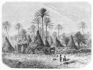 Gardinen made by pointed huts village of black people under african palms in Biskra surroundings, Algeria. Ancient grey tone etching style art by De Bar and Laly on Le Tour du Monde, Paris, 1861 © Mannaggia
