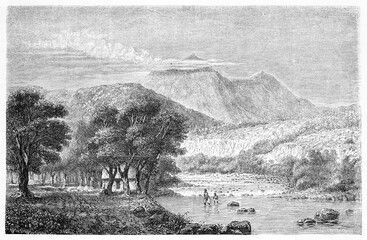 Black River, Mauritius, on a vast natural landscape and two little people in water. Ancient grey tone etching style art by Potemont on Le Tour du Monde, Paris, 1861