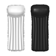 Inflatable mattress realistic 3D, pool and beach floating air bed, vector mockup. White and black realistic inflatable mattress for swimming or sleeping with pillow, summer sea vacations objects