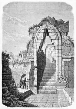 Borobudur temple portal ruins, Central Java, Indonesia, very important for buddhist and hindus culture. Ancient grey tone etching style art by De Bar and Trichon on Le Tour du Monde, Paris, 1861