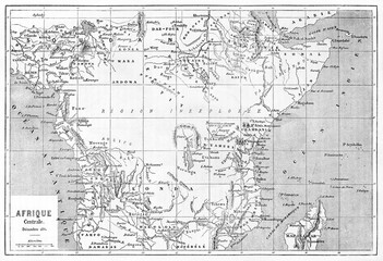 Fototapeta na wymiar Old gray tone map of central Africa. Ancient grey tone etching style art by Vullemin, Erhard and Bonaparte, on Le Tour du Monde, Paris, 1861
