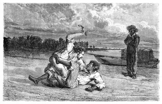two man fighting to death on Amazon river bank in front to a witness. Ancient grey tone etching style art by Riou on Le Tour du Monde, Paris, 1861