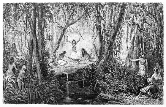 Amazonan Mundurucos indios people preparing curare poison in dark tangled jungle vegetation. Ancient grey tone etching style art by Riou, Biard and Gaucherd, on Le Tour du Monde, Paris, 1861