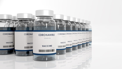 Biology and science. Covid-19. Concept of vaccination against new Coronavirus Covid-19. Rows of glass container. 3D Render.