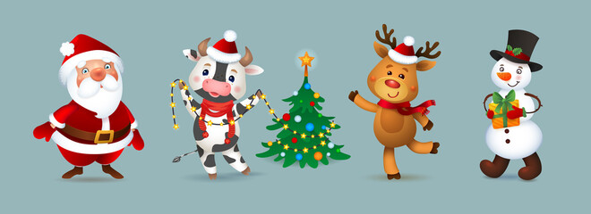 Merry Christmas Vector Character Set. Santa Claus, Snowman, Deer and Ox. Cute Funny Macots